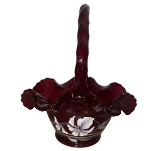 Fenton Art Glass Ruby Red Hand-Painted Floral Cadmium Crimped Edge Basket SIGNED